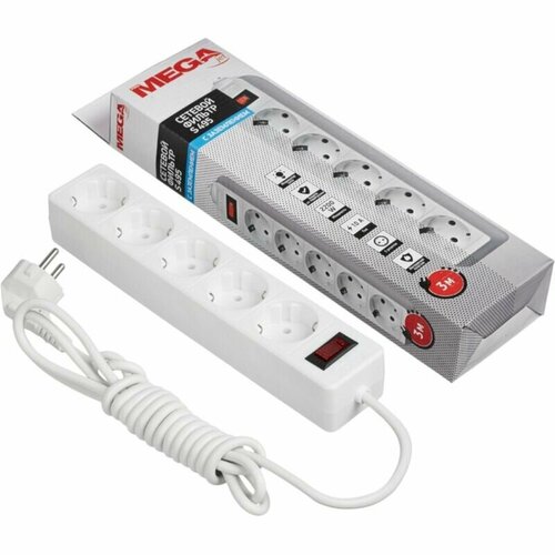 Сетевой фильтр ProMega jet S496, 5 розеток, с/з, 10А / 2200 Вт 5 5 м 278 мм 53 мм 40 мм белый