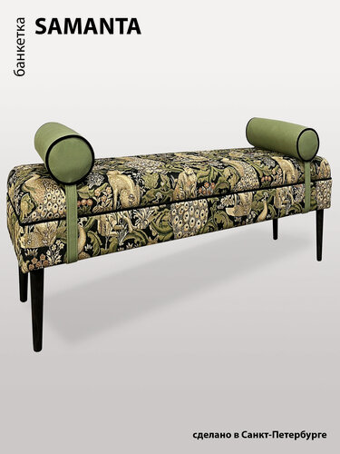 Изображение товара Банкетка BORDADO SAMANTA, мебельная фанера, велюр/гобелен, цвет "Волки-зайцы-павлины", съемные валики.