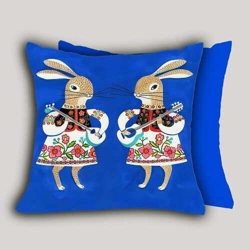 Изображение товара Чехол для подушки Зайки в русском стиле 45х45 велюр рисунок с двух сторон