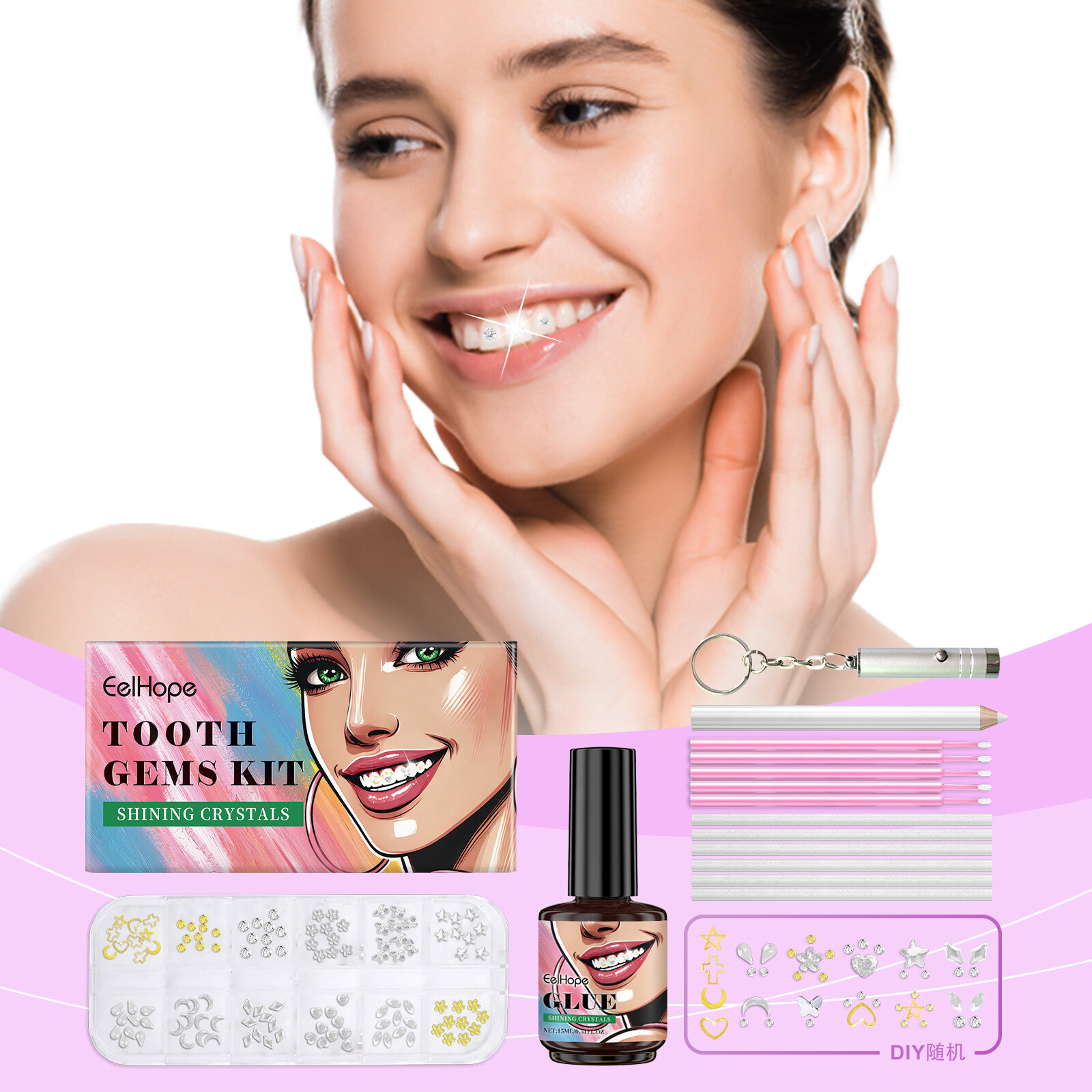Eelhope Teeth Beauty Kit Модное Украшение Красоты Комбинация Бриллиантов Индивидуальность Сияющий Светящийся Стиль Улыбки