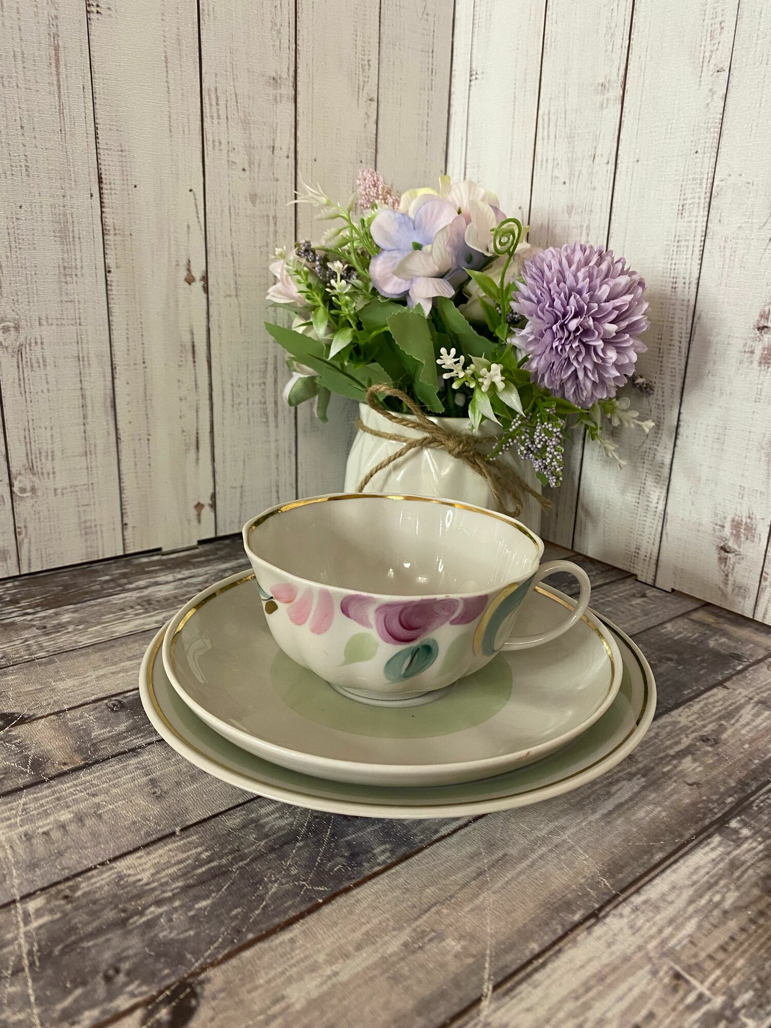 Чайная пара трио Розы Дулево, ручная роспись, фарфор 1995 год