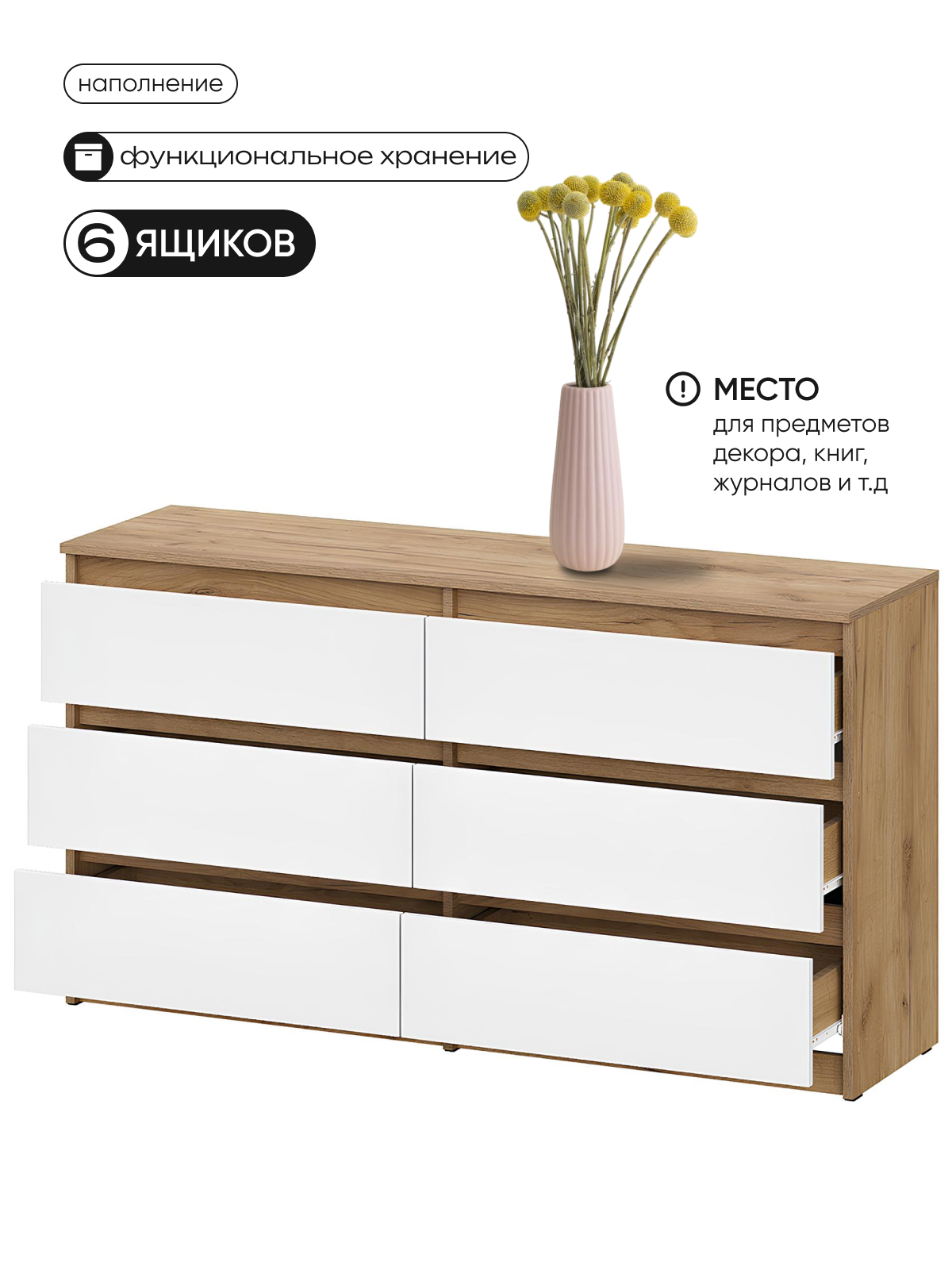 Модульная система "Довер" Комод с ящиками (1,38м) (Серия 2) Дуб Золотой/Белый — фото 1