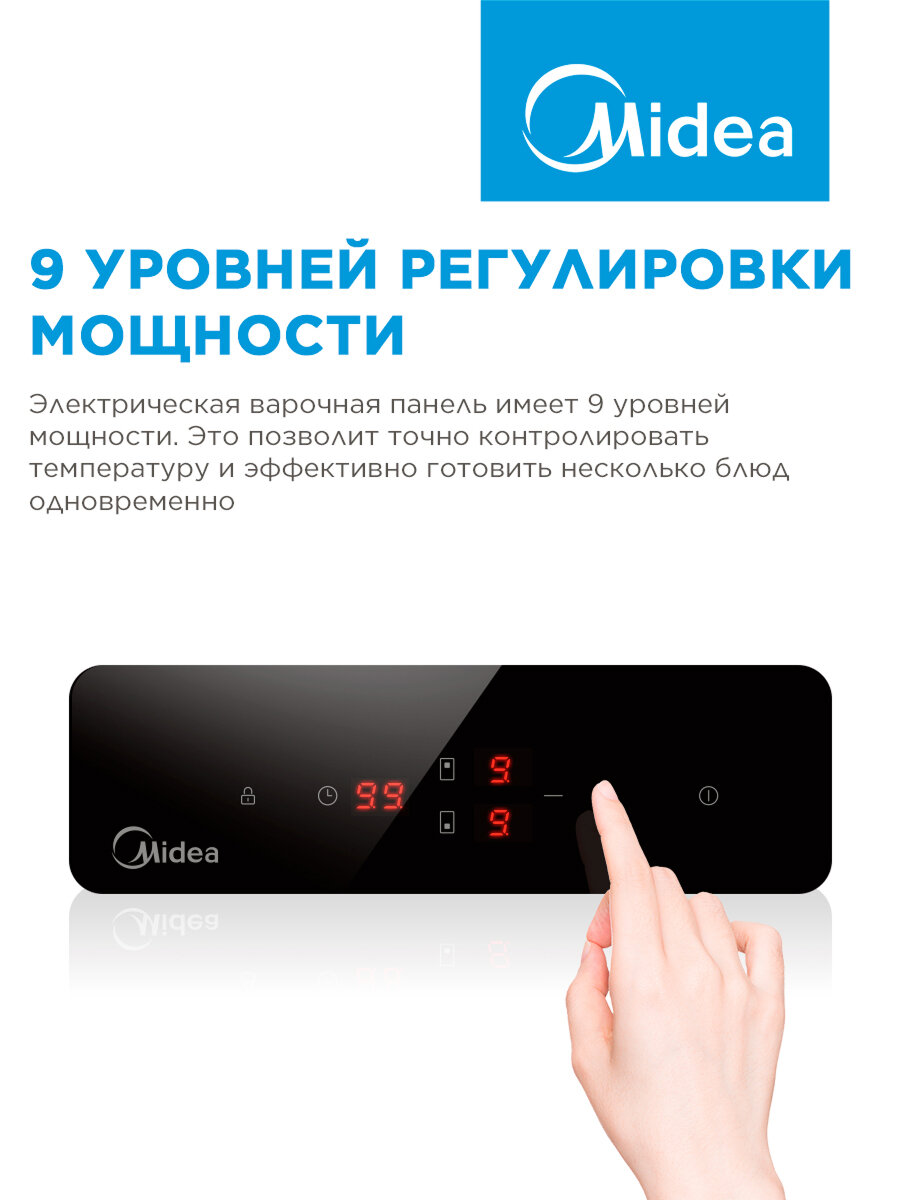 Электрическая варочная панель Midea MCH32202, 2 конфорки, сенсорное управление, 9 уровней мощности, таймер, стеклокерамика, черный — фото 1