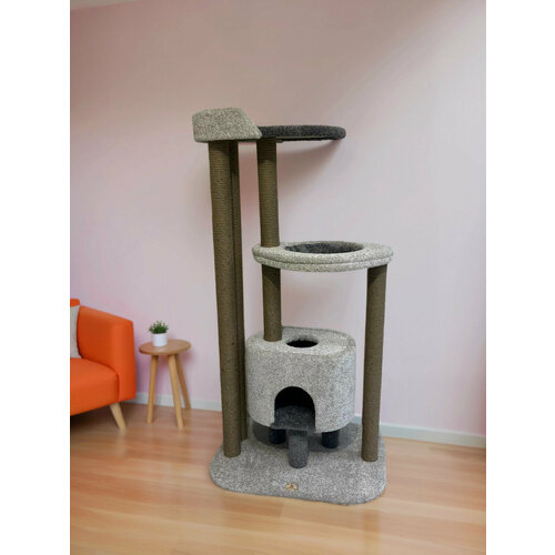 Игровой комплекс для кошек, Моя Котя, домик для кошки, с большим гамаком, "Уютное гнездышко" светло-серый