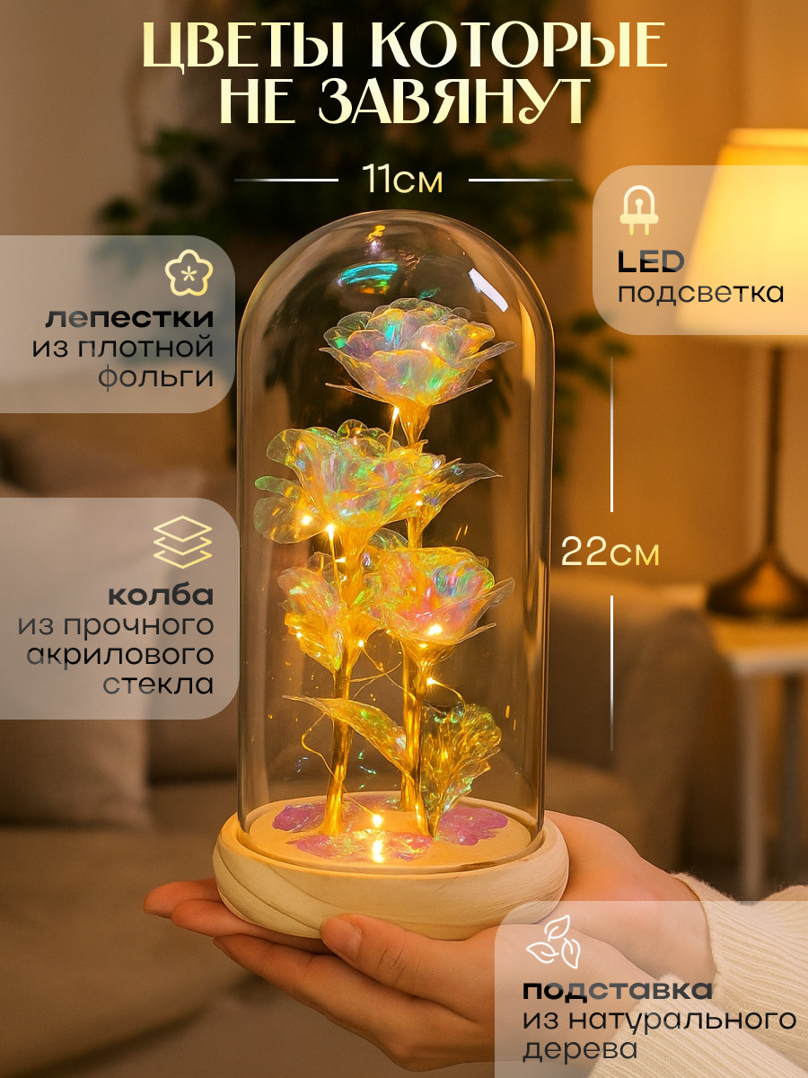 Роза в колбе ESEMA, с подсветкой RGB, на батарейках, настольная Прозрачная — фото 1