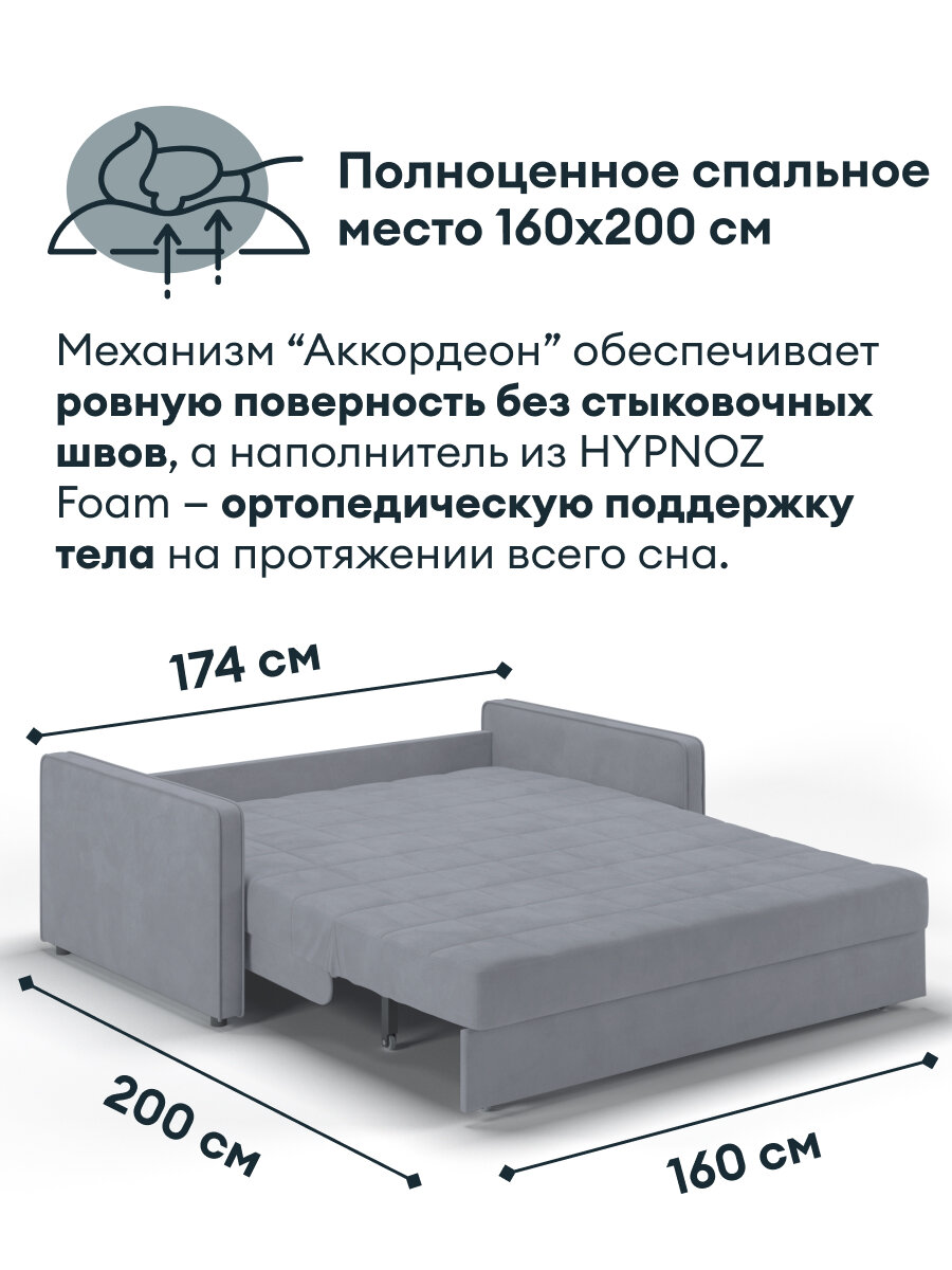Диван-кровать, Прямой диван HYPNOZ Palma, механизм Аккордеон, светло-серый,174х103х92 см — фото 1