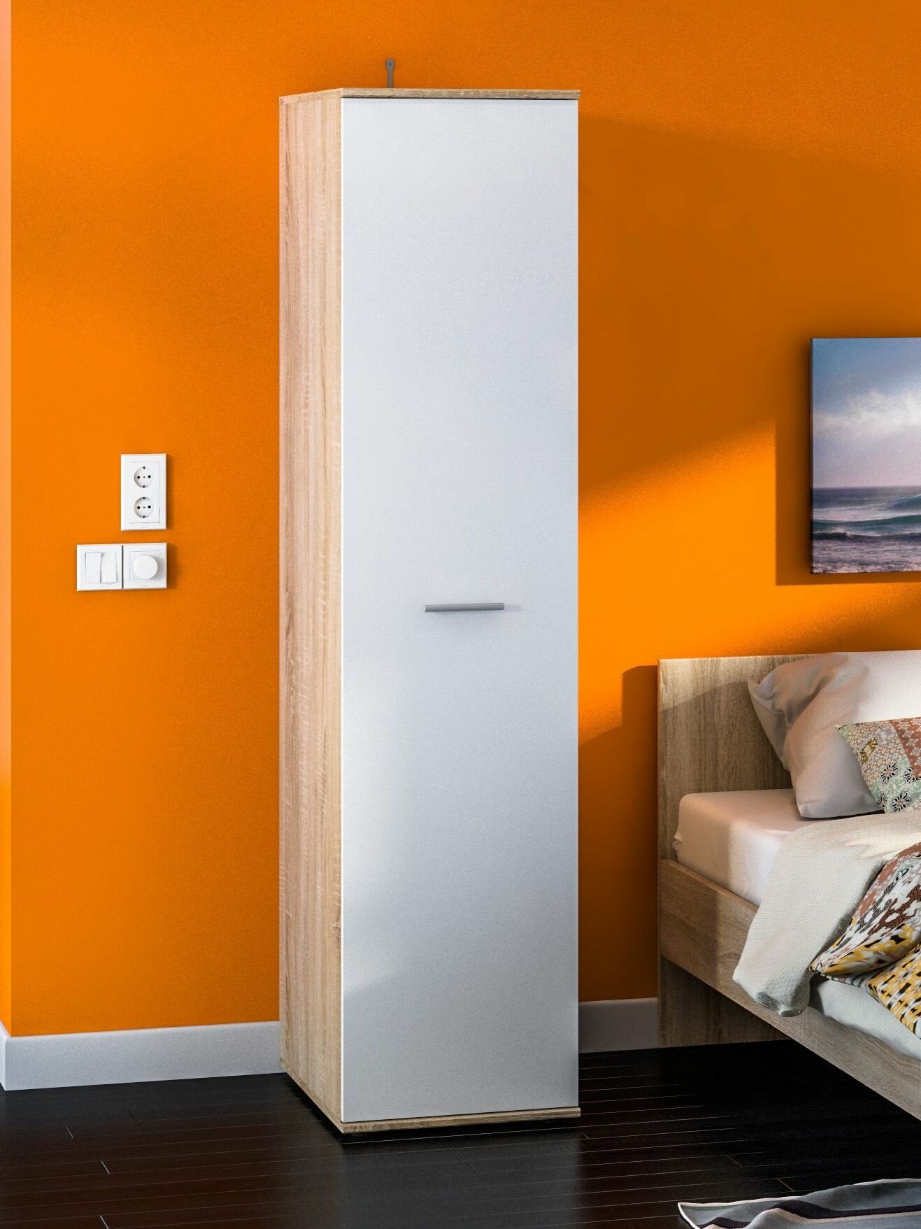 Шкаф-пенал столплит Мамбо СБ-2677 с полками для хранения вещей, кдсп Дуб Сонома/ Белый, 45*191*55 см.