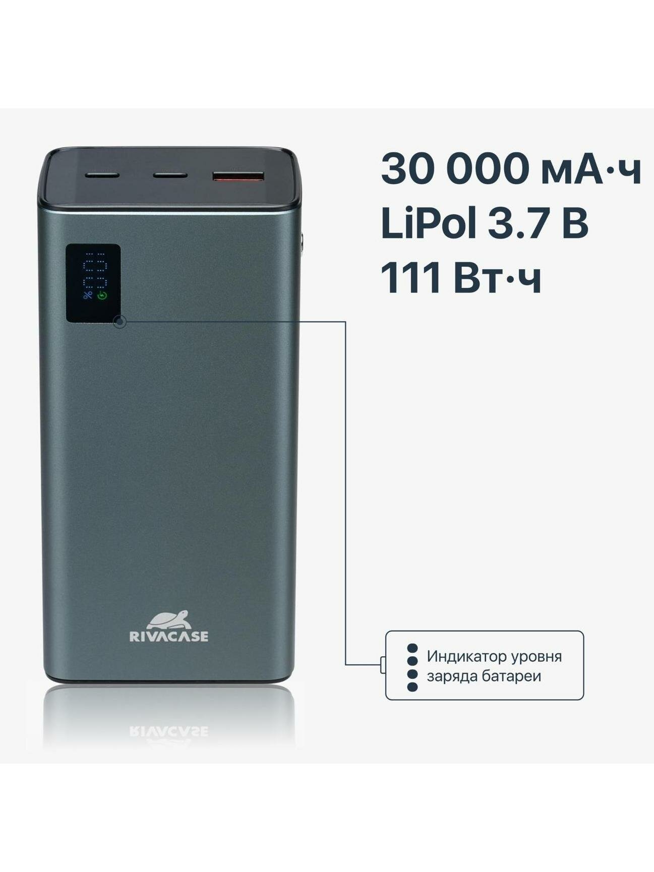 Внешний аккумулятор RIVACASE VA1023 30000 mAh RUS QC/PD металлический — фото 1