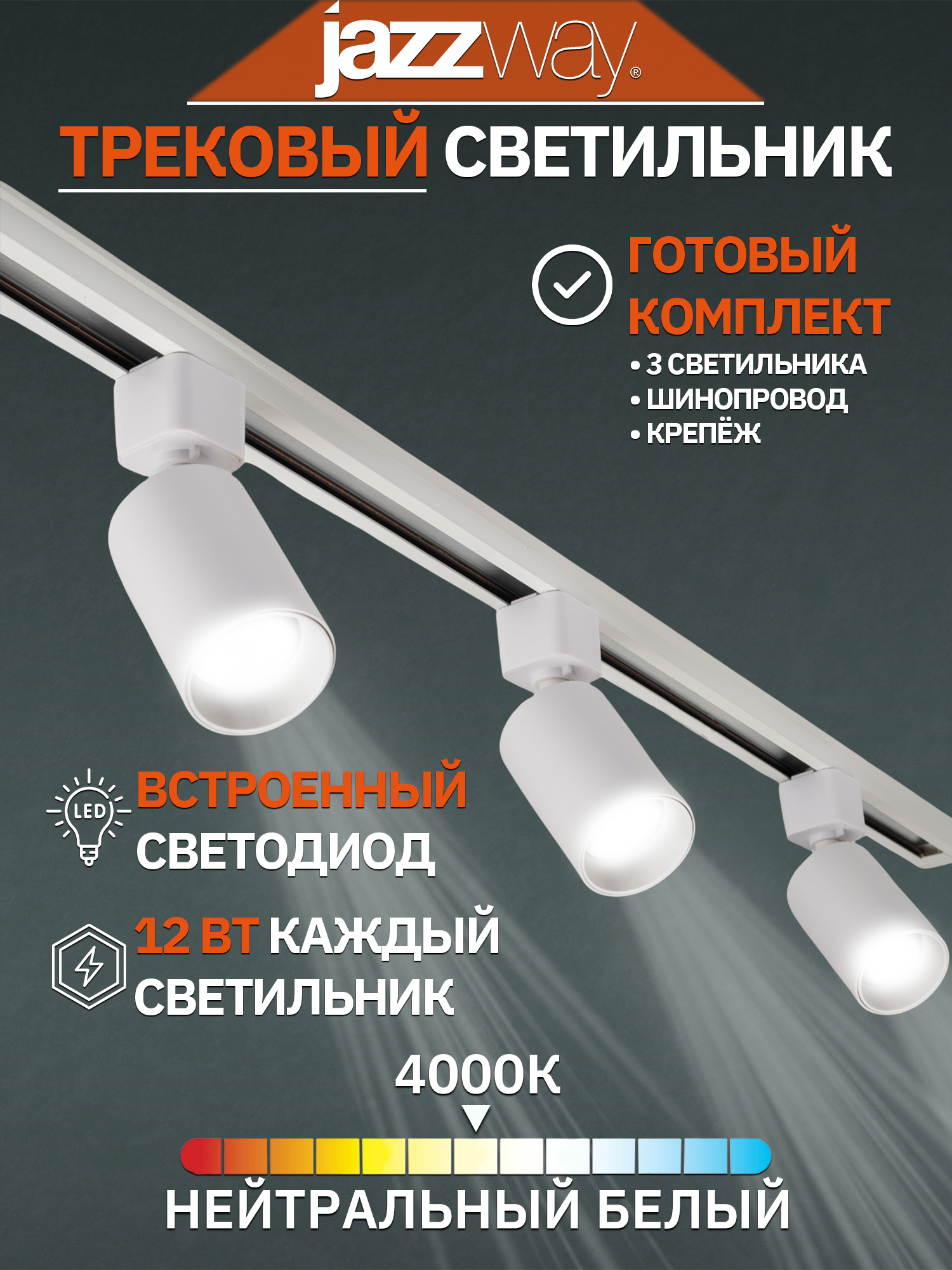 Комплект трековых светильников светодиодных Jazzway PTR 1512 3*12w 4000K
