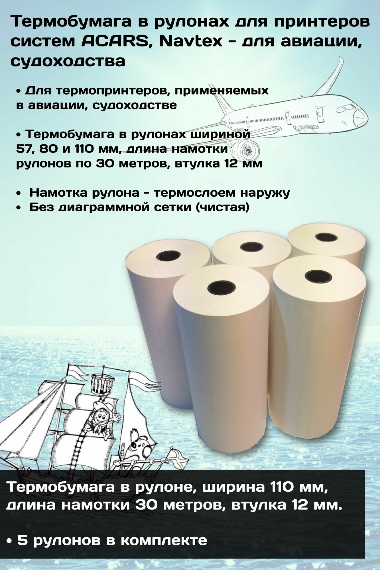 Термобумага для термо принтера ACARS Navtex 110 х 30 - 5 рулонов авиация судоходство