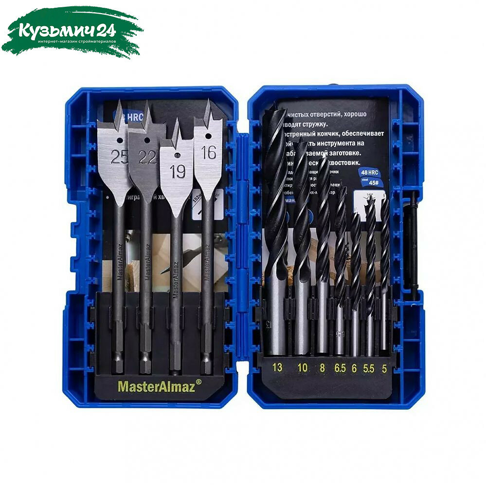 Набор спиральных и перовых сверл по дереву МастерАлмаз 10507812  11 штук  диаметр 5 25 мм  хвостовик 13 мм