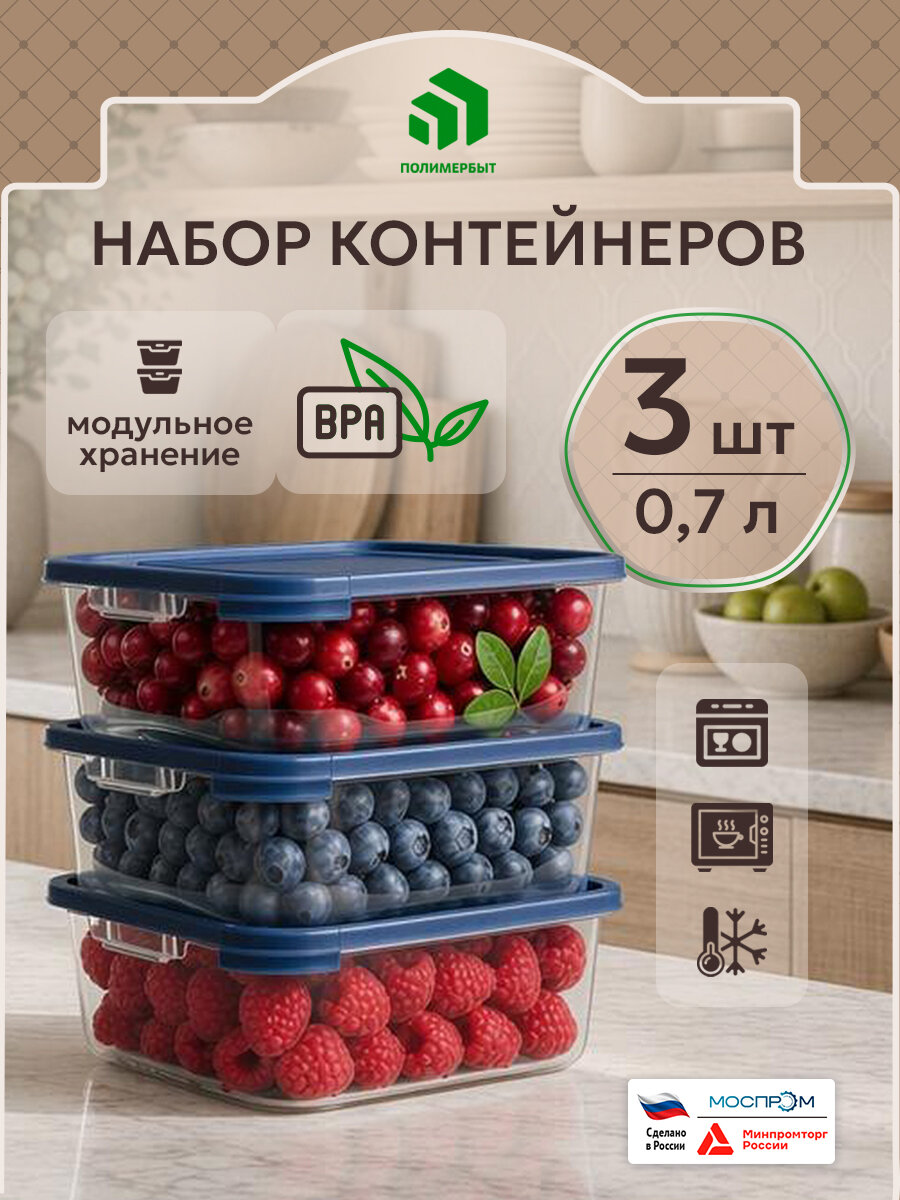 Набор контейнеров полимербыт, 700мл, синий, герметичные, 3шт