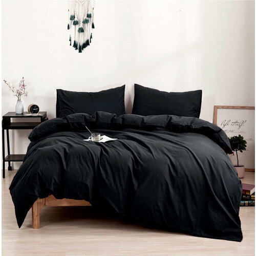 Однотонное постельное бельё, цвет Черный, Евро, матовый сатин, наволочки 50x70, с простыней на резинке 160х200 см