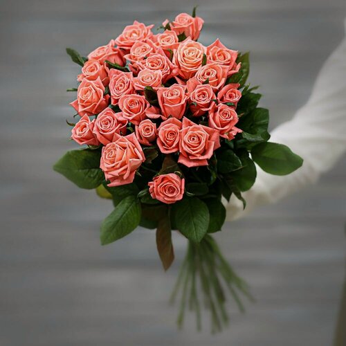 Изображение товара Букет живых цветов из 27 коралловых роз (Россия) с лентой 60 см