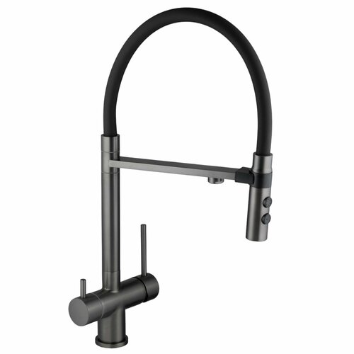 Смеситель для кухни с фильтром для питьевой воды из латуни, основание сатин, гусак гибкий силиконовый черный