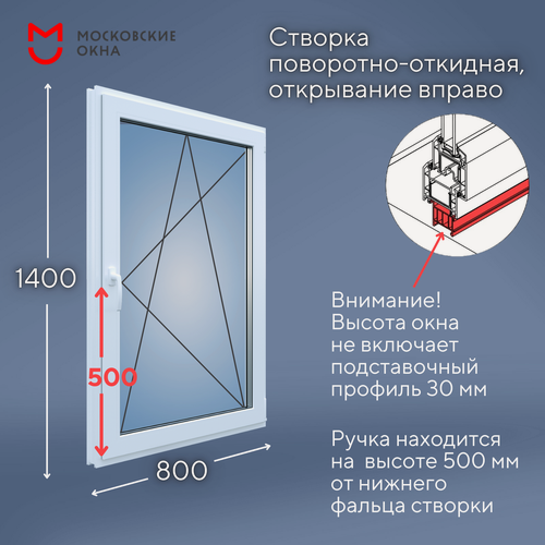 Изображение товара Пластиковое ПВХ окно 1400х800 мм (ВхШ) рехау BLITZ одностворчатое поворотно-откидное правое, с двухкамерным стеклопакетом