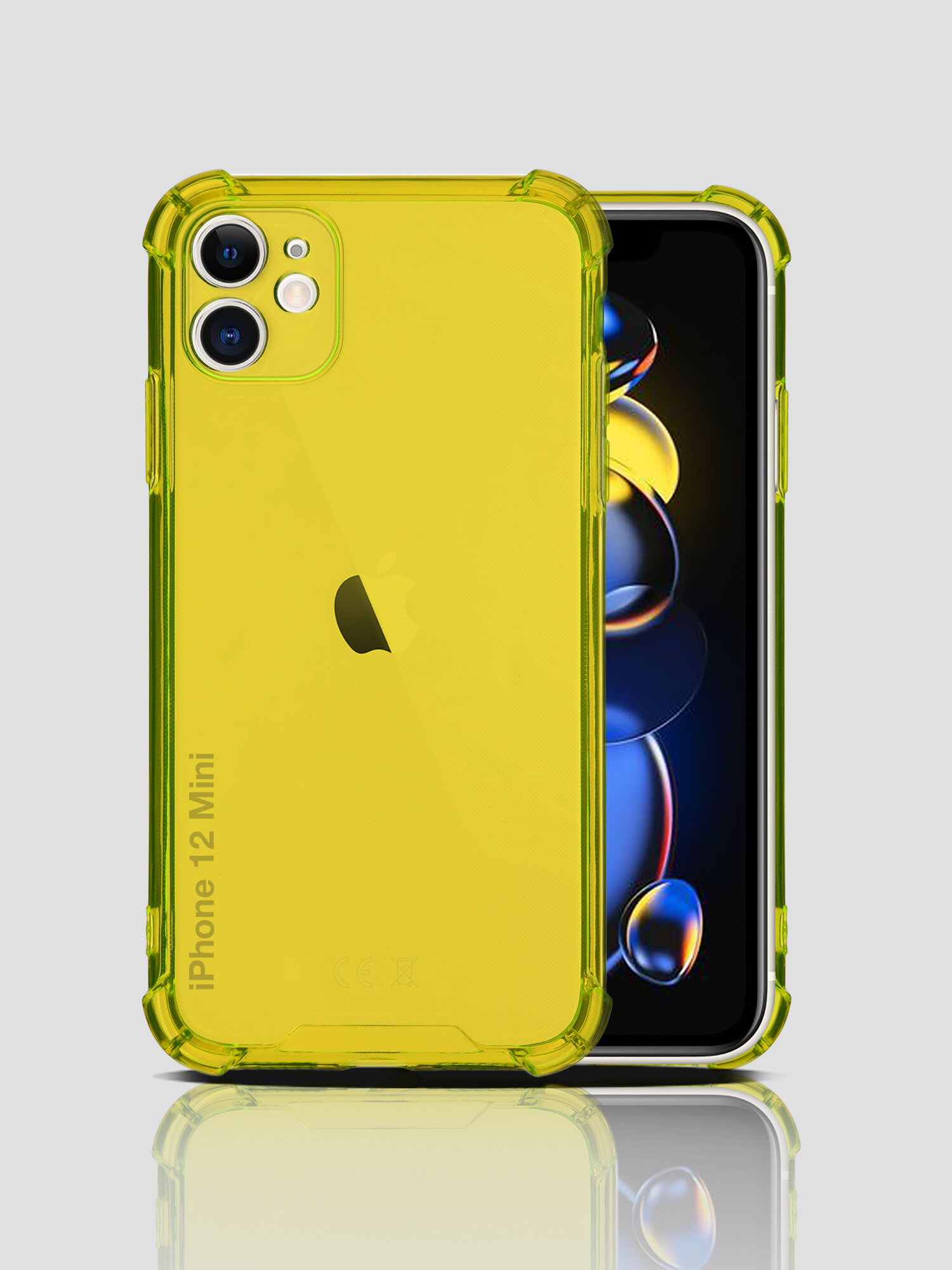 Чехол силиконовый на телефон Apple iPhone 12 Mini прозрачный противоударный с защитой камеры, бампер с усиленными углами для смартфона Айфон 12 мини, неон желтый