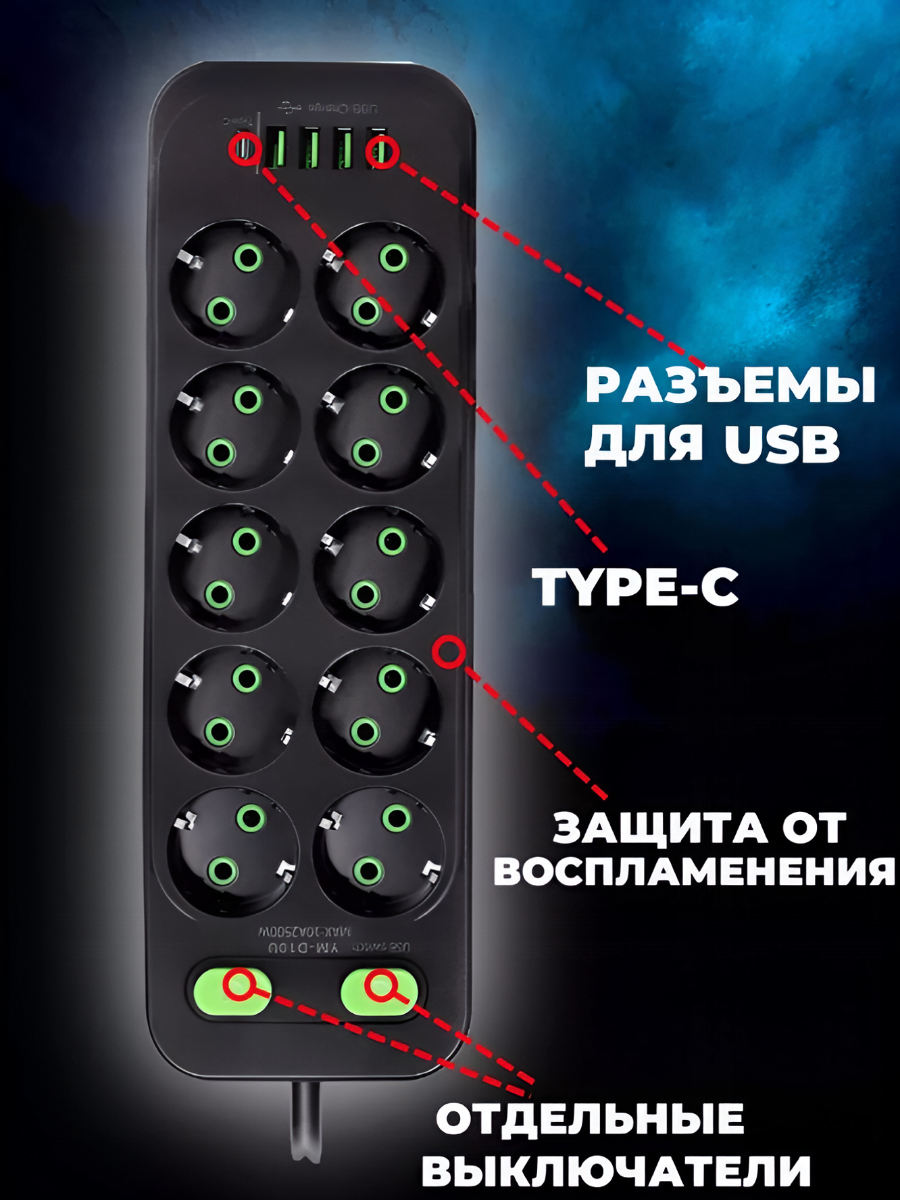 Удлинитель 10 розеток 4 usb 1 type-c 2 м — фото 1