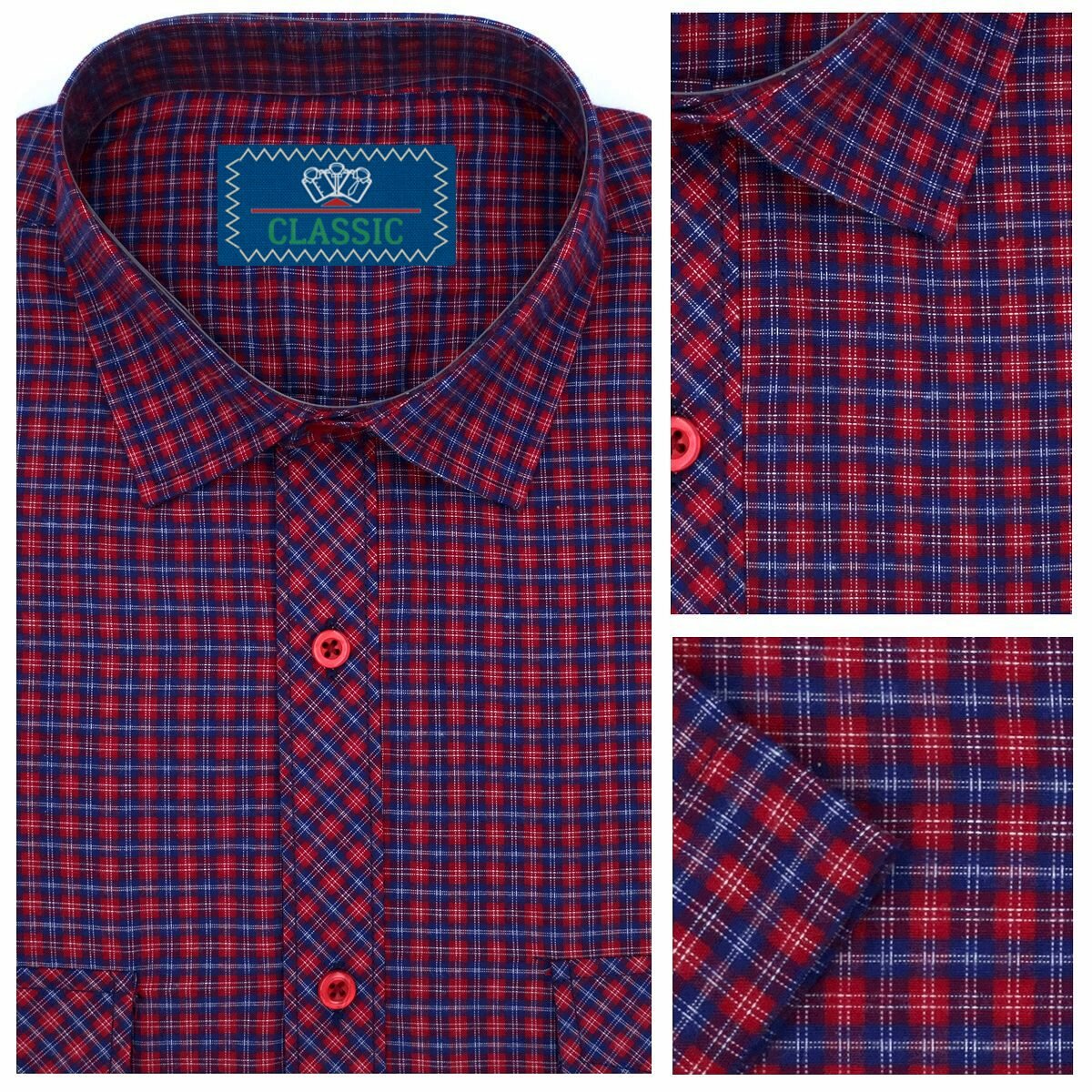 Рубашка Рубашка мужская с коротким рукавом, прямая классическая, темная сорочка, на пуговицах, рубаха на любой сезон, стильный фасон одежды, красная, клетка, с карманами, летняя