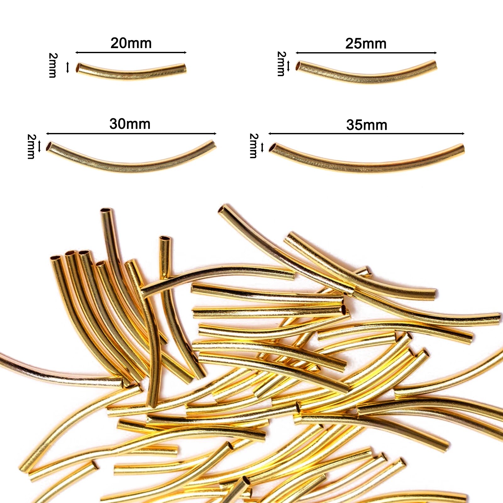 Медные изогнутые трубки-разделители для бижутерии 50 шт. 2x25mm Golden