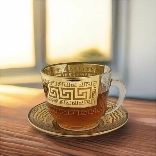 Подарочный чайный набор 12 предметов Чашки для чая и кофе с блюдцами стеклянные с алмазной гравировкой PROMSIZ барокко 200 мл 6 шт 1528₽