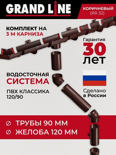 Изображение товара Комплект водосточной системы Grand Line 3м, ПВХ 120мм/90мм коричневый, водосток для крыши пластиковый RAL 8017