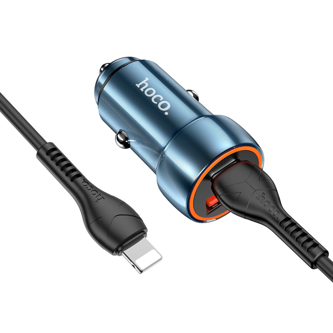Автомобильное зарядное устройство, 1 USB QC3.0+1 PD 20W (Z46A), HOCO, кабель Type-С to Lightning, синий — фото 1
