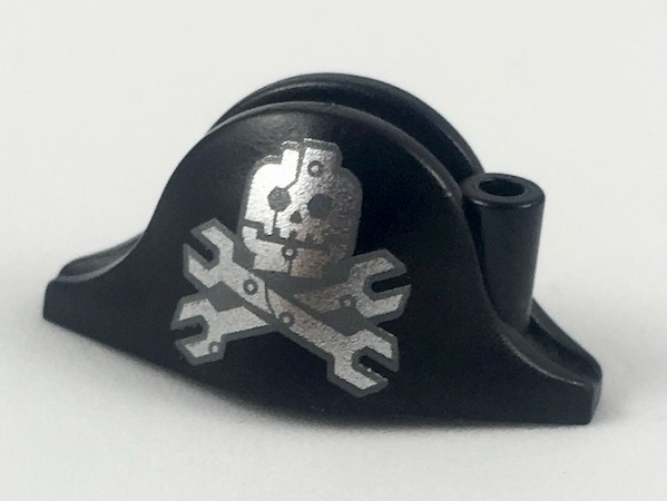 Minifigure, Headgear Hat, Pirate Bicorne with Silver Minifigure Skull with Half Mask and Wrenches Crossbones Pattern, 2528pb13 Black U