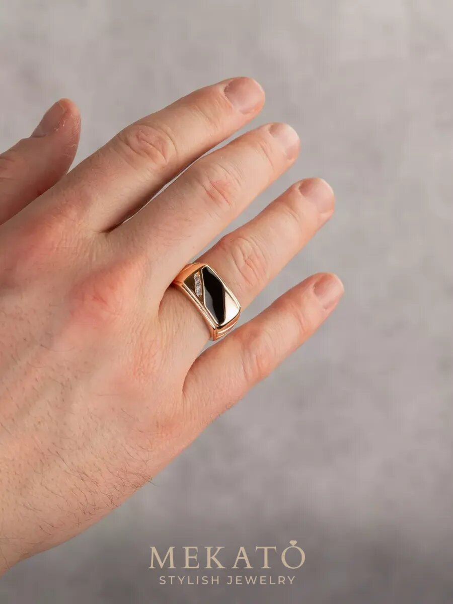 Кольцо МЕКАТО, фианит, размер 18, желтый, черный — фото 1