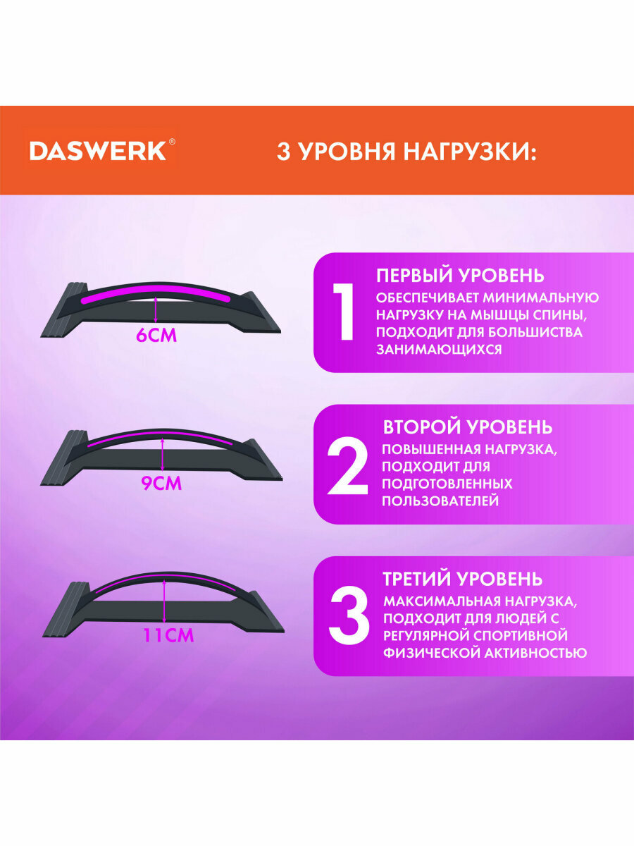 Тренажер для спины мостик, массажер для растяжки Premium 3 уровня нагрузки, фиолетовая вставка, Daswerk (Дасверк) 680036 — фото 1