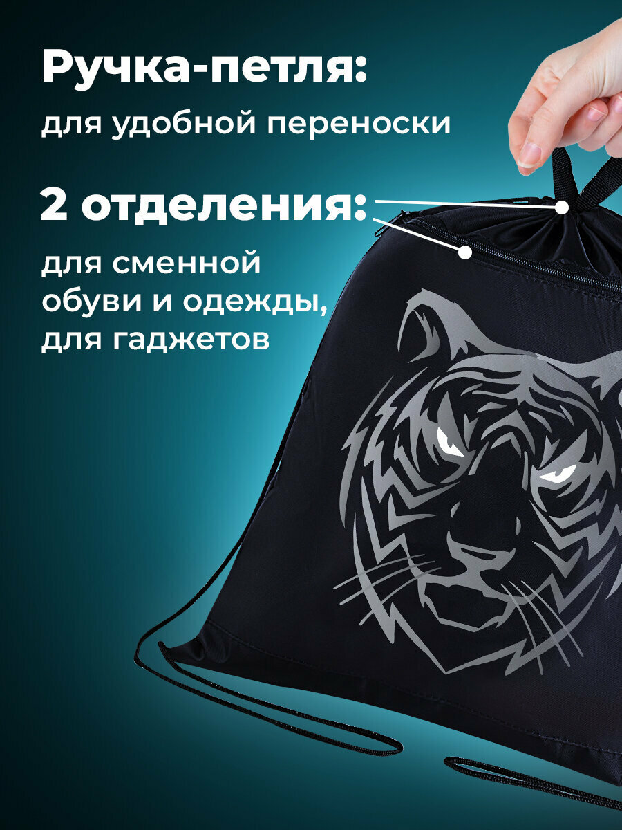 Сумка / мешок / рюкзак для сменной обуви (сменки) Brauberg, с петлёй, карман на молнии, 47х37 см, Tiger, 271610 — фото 1