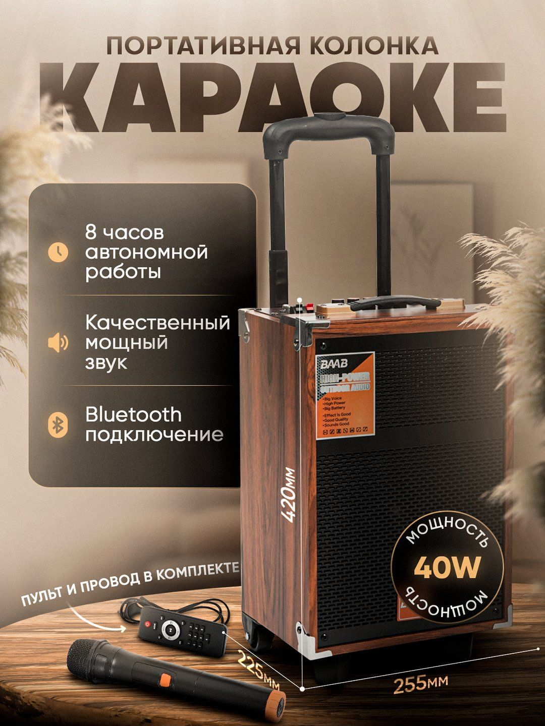 Портативная колонка B-Q8 караоке Bluetooth — с 2 микрофонами и пультом, беспроводная, мощный звук