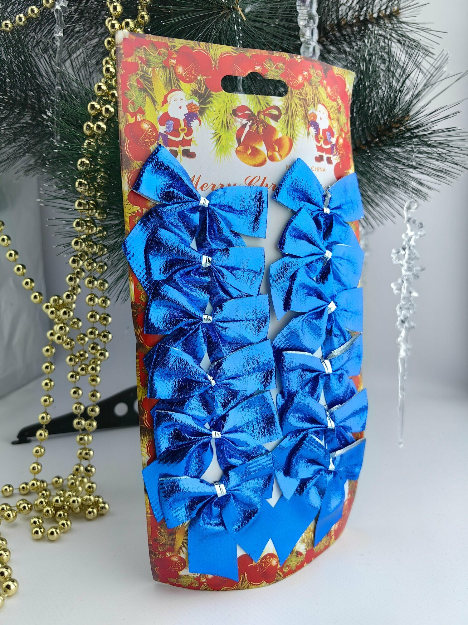 Бант новогодний на елку набор 12 шт синий