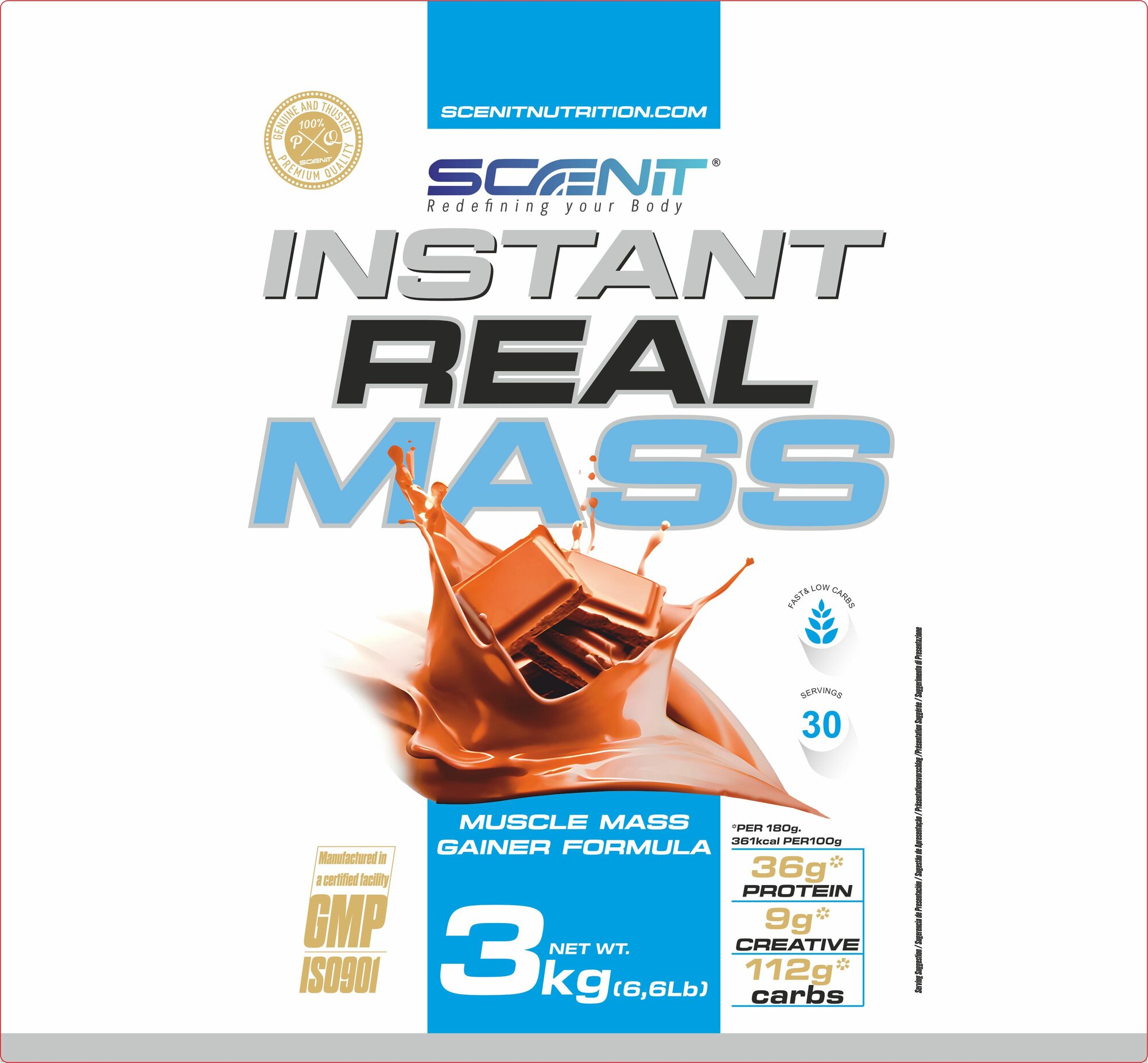 Гейнер , REAL MASS INSTANT, Scenit Nutrition, 50г протеина, 5000 ккал, Шоколад,3 кг — фото 1