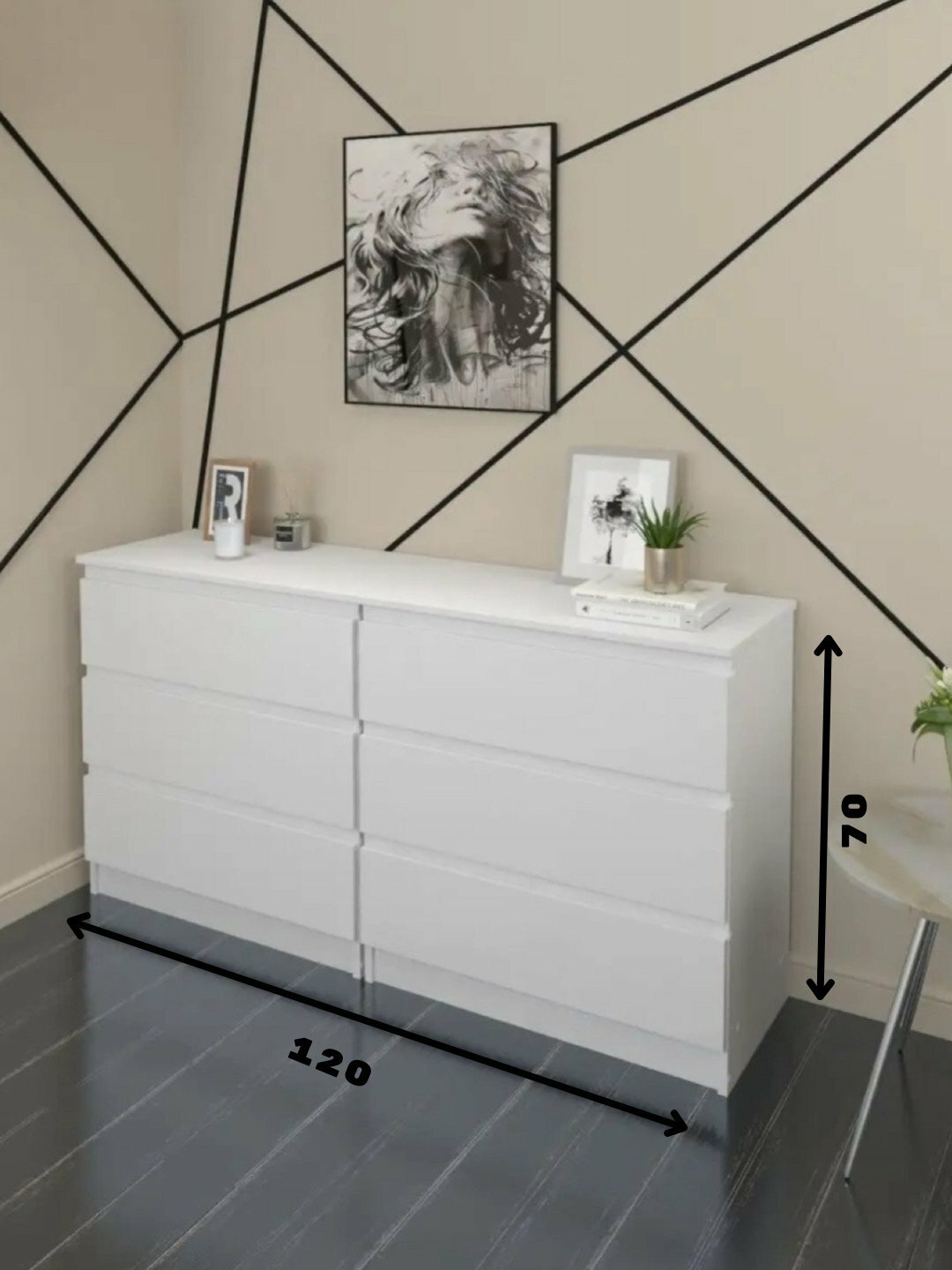 Комод Martin, ЛДСП, 120x70x33 см, 6 ящиков, минимализм, белый, дуб — фото 1