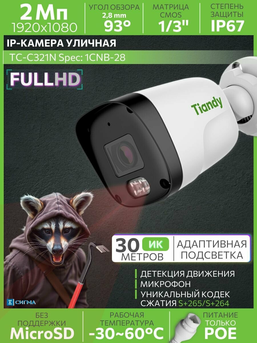 TIANDY TC-C321N 1CNB-28 2Мп 2.8мм 1920х1080 1/3" CMOS PoE IP-видеокамера цилиндрическая уличная микрофон