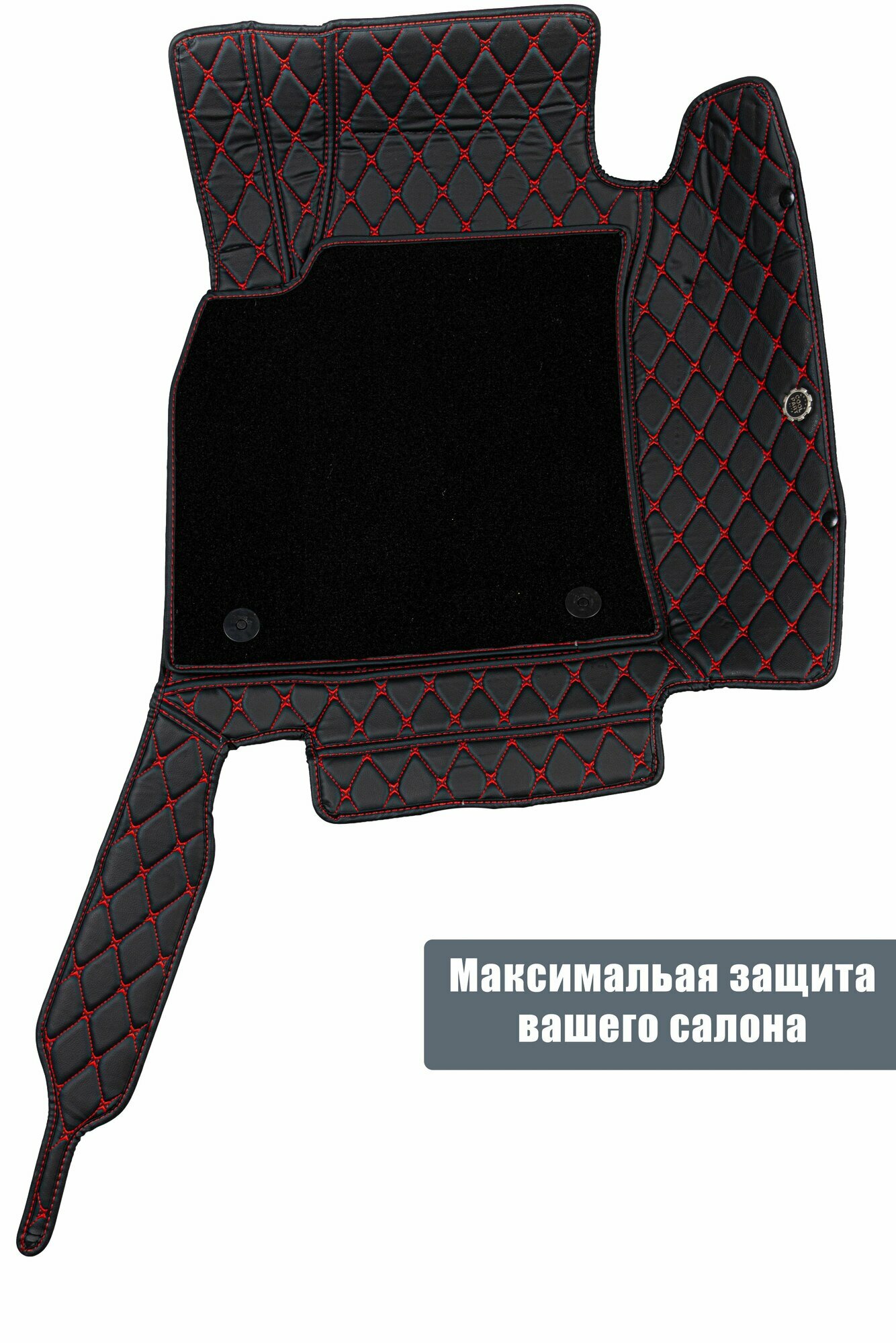 Коврики для Киа К5 (2020-2024). Автоковрики, полики Kia K5, экокожа со съемным текстилем 3D/5D, черный с красной строчкой — фото 1