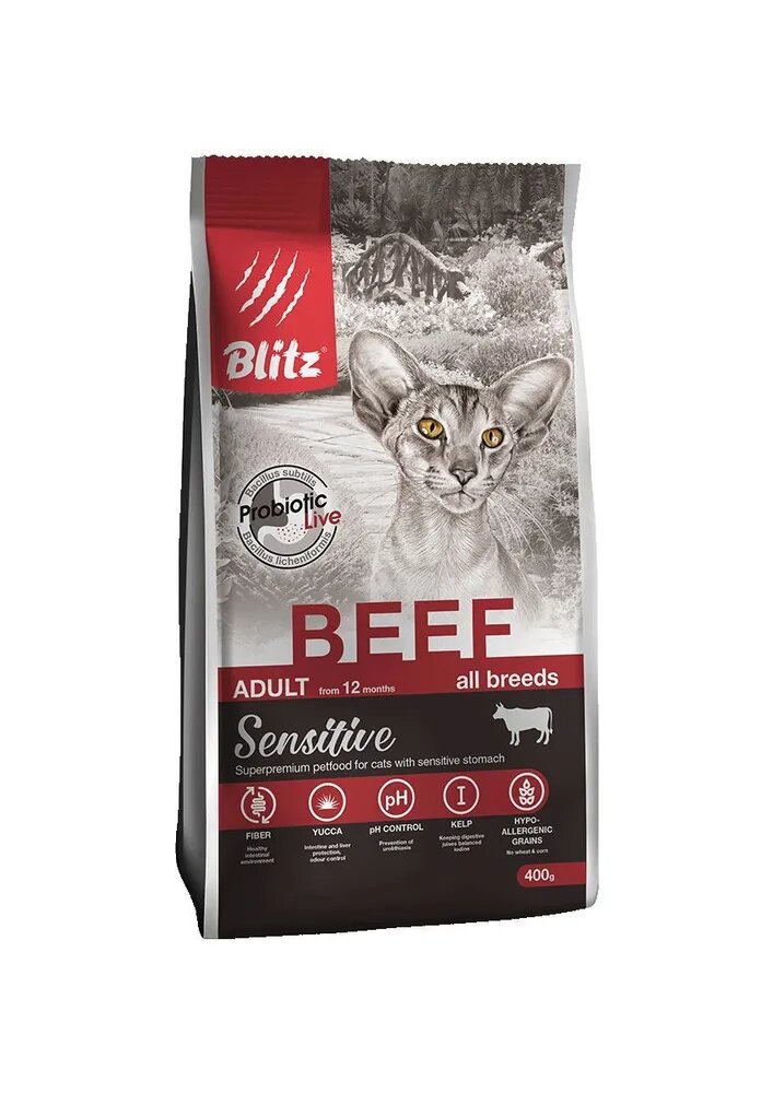 Blitz Sensitive Beef Adult Cats All Breeds сухой корм для взрослых кошек с чувствительным пищеварением, с говядиной - 400 г