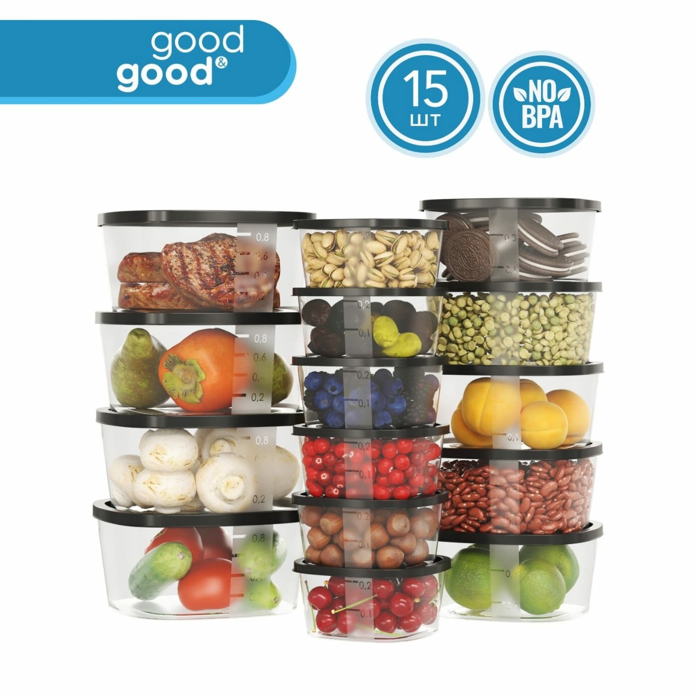 фото Контейнер для еды и хранения продуктов 16 шт good&good набор контейнеров для еды 1550 мл х 2 шт; 900 мл х 3 шт; 500 мл х 5 шт; 230 мл х 6 шт