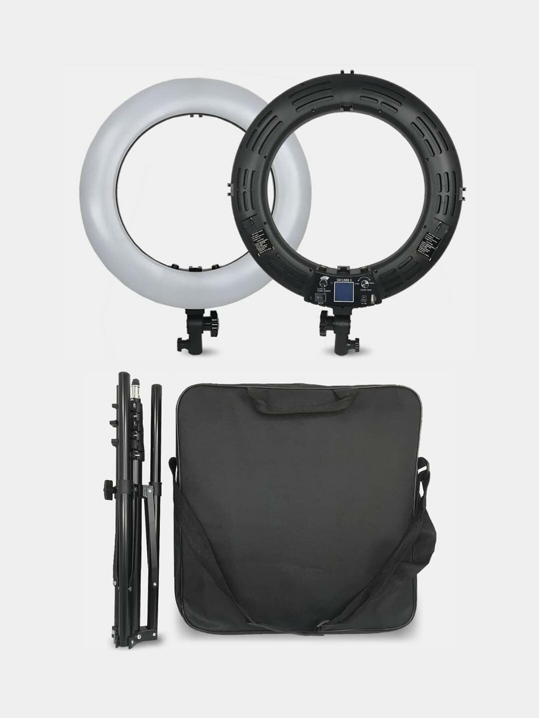 Лампа кольцевая LED RING SM 1888 II (45 см) с большим дисплеем со штативом (чёрный корпус)