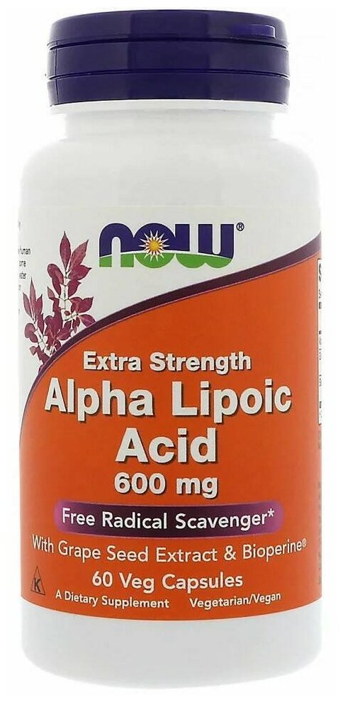 Антиоксиданты Альфа липоевая кислота + экстракт виноградной косточки, NOW Alpha Lipoic Acid 600mg, 60 капсул, веган