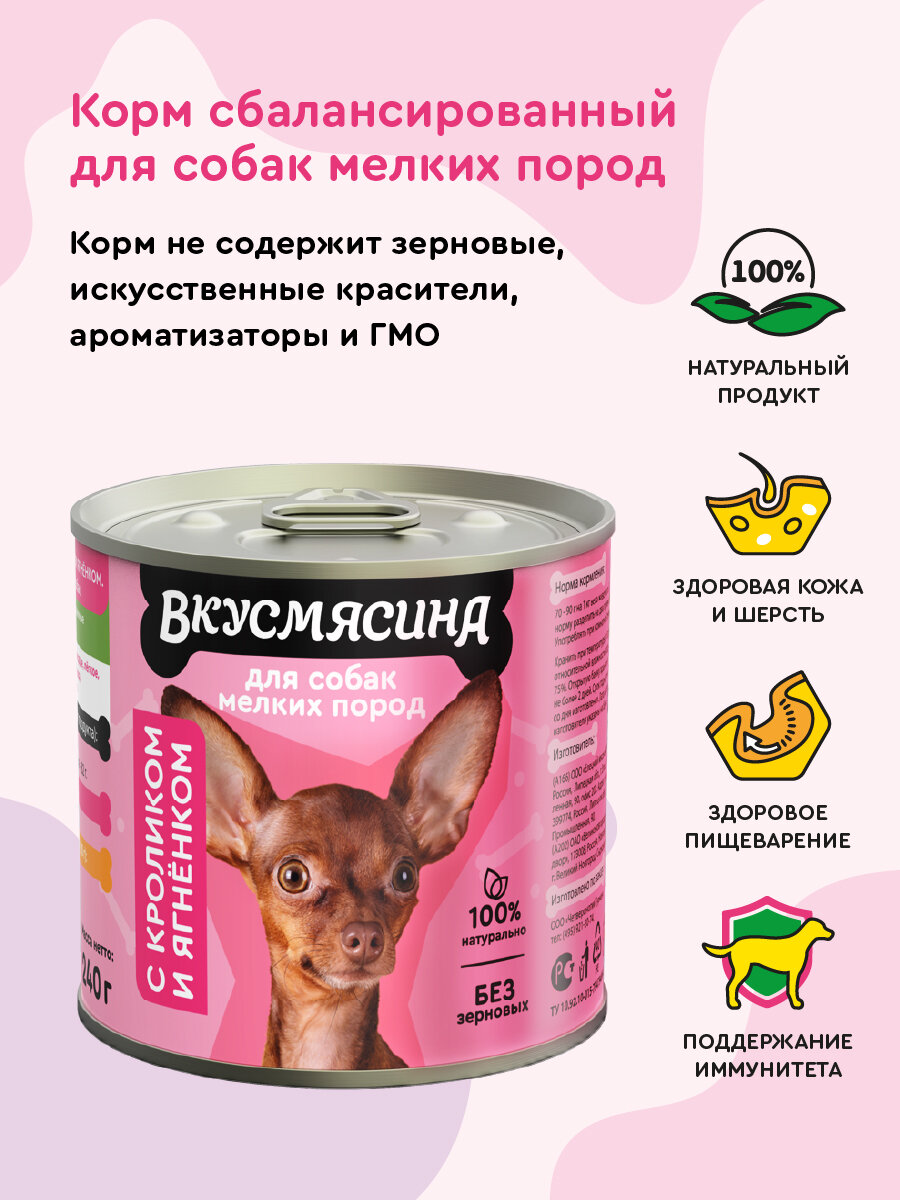 Влажный корм для собак мелких пород, вкусмясина с кроликом и ягненком, 240 г х 12 шт. — фото 1