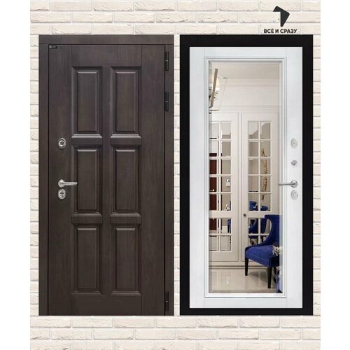 Входная дверь Термо Лондон с Зеркалом Фацет - Алмон 28/Белый софт 205х88 Левая