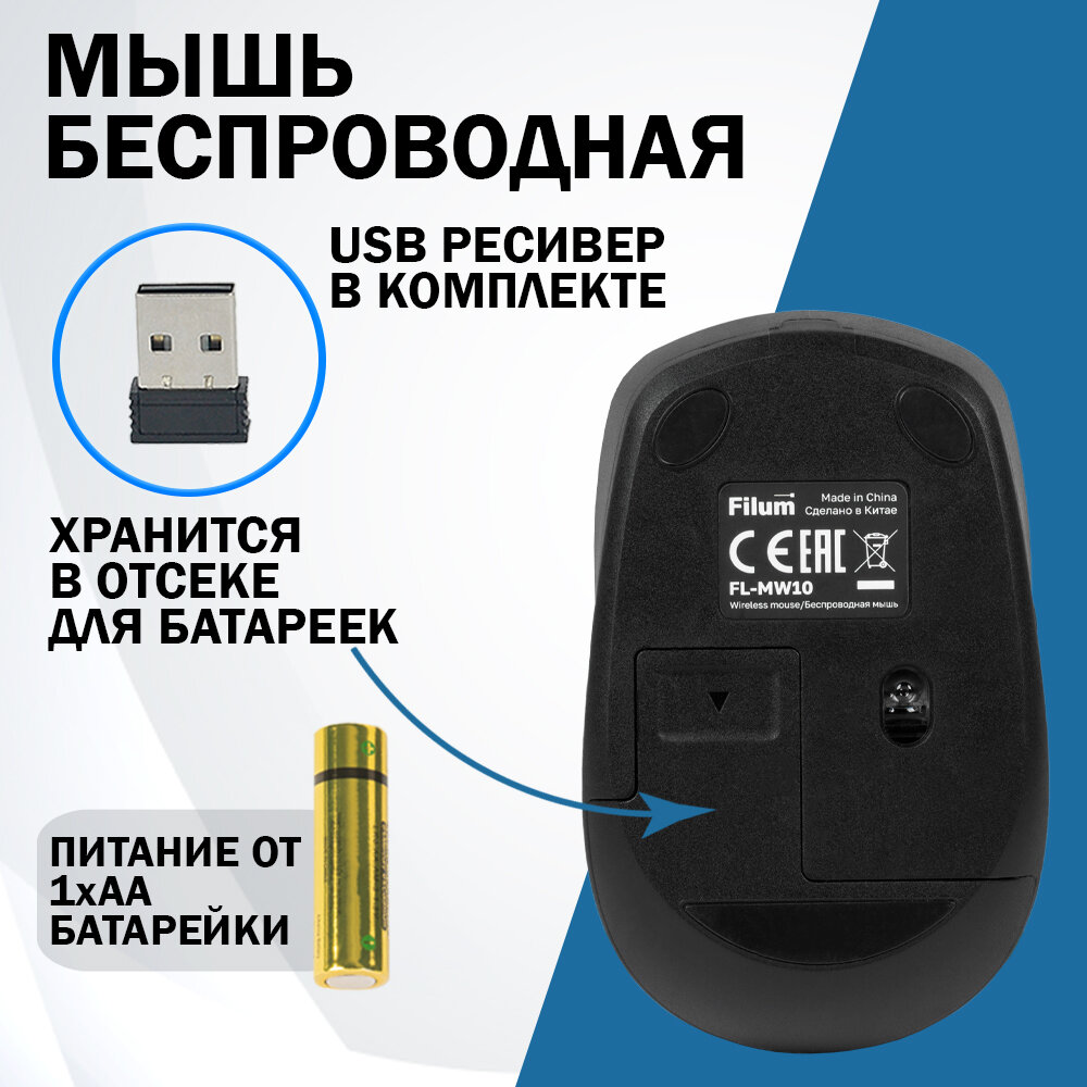 Мышь беспроводная Filum FL-MW10-DGN оптическая 2.4 ГГц USB 4 кнопки, зелёный — фото 1