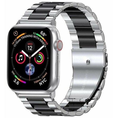 Ремешок металлический из нержавеющей стали для умных смарт часов Apple Watch 38/40/41 mm series 3 / 4 / 5 / 6 / 7 / 8 SE блочный, Серебристо-черный