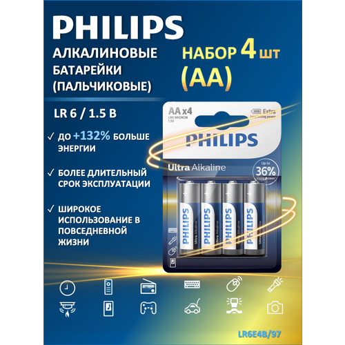Батарейки пальчиковые АА Philips Ultra Alkaline (щелочные) LR6E4B/97, 4 шт. в блистере