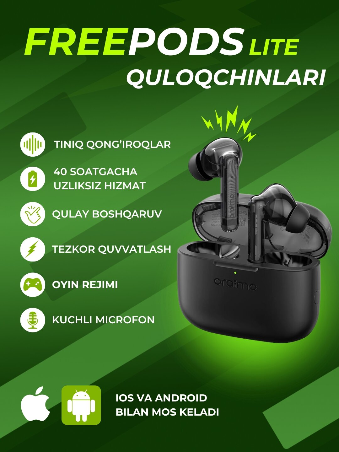 TWS наушники oraimo OTW-330 PhantomBlack -для речевой связи и прослушивания музыки и речи