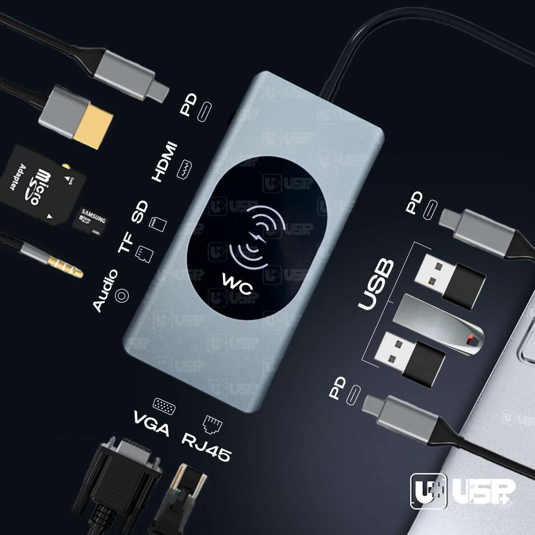 Док-станция, переходник 13 в 1 + беспроводная зарядка (HDMI 4 К, VGA, USB, Type-C, SD/TF, AUX 3.5 мм, LAN 1000 Мбс)