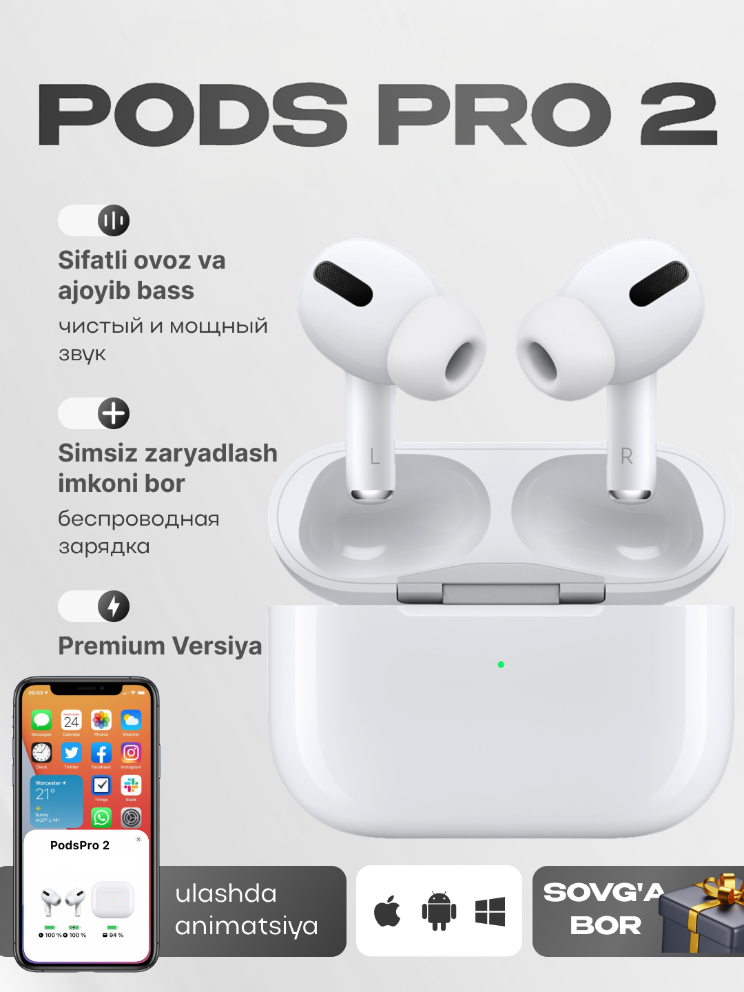 Беспроводные наушники Pods Pro 2 Premium, сенсорные, с беспроводной зарядкой