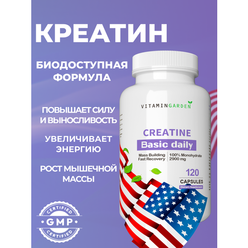 Креатин, Creatine Monohydrate, аминокислота, для мышечной массы и роста мышц, для спортсменов, 120 капсул